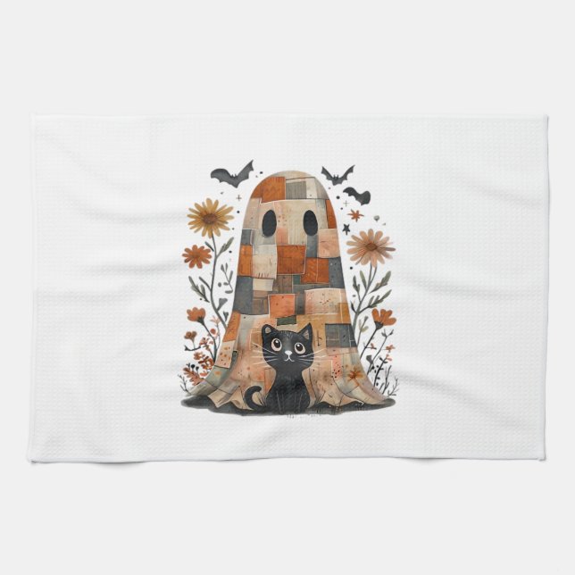 Paño De Cocina Fantasma y gato de Halloween de patchwork, espeluz (Horizontal)