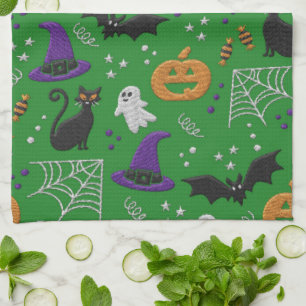 Paño De Cocina Fantasmas de gatos negros murmuran patrón verde Ha