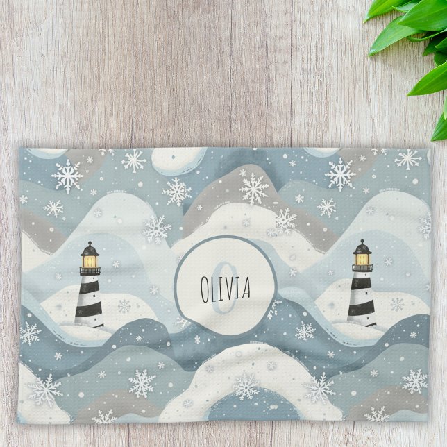 Paño De Cocina Faro acogedor con olas heladas invierno náutico (Subido por el creador)