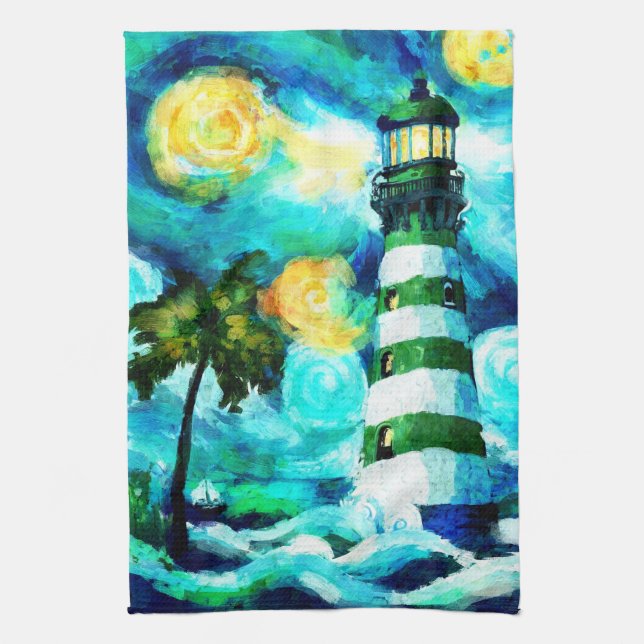 Paño De Cocina Faro tropical y palmeras impresionistas (Vertical)