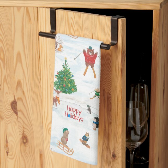 Paño De Cocina Fauna de Navidad en copos de nieve (Pliegue de tercios)