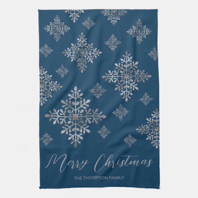 Paño De Cocina Faux Gray Relieve metalizado Snowflakes On Blue (R (Vertical)