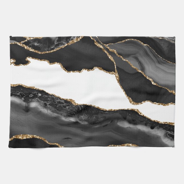 Paño De Cocina Faux Marled Agate Black Stylish Stone Luxury Gold (Horizontal)