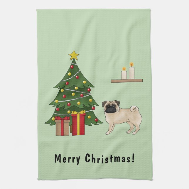 Paño De Cocina Fawn Pug Cute Cartog Perro Con Un Árbol De Navidad (Vertical)