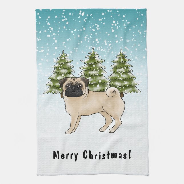 Paño De Cocina Fawn Pug Cute Cartoon Dog Snowley Winter Forest (Vertical)