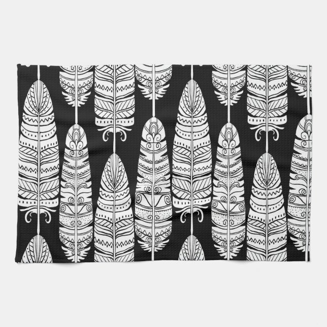 Paño De Cocina Feathers boho: patrón blanco y negro (Horizontal)