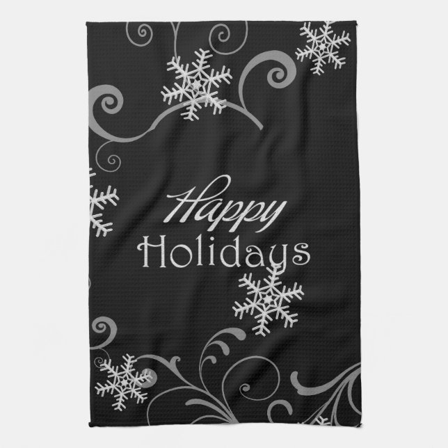 Paño De Cocina Felices fiestas, copos de nieve blancos en negro (Vertical)