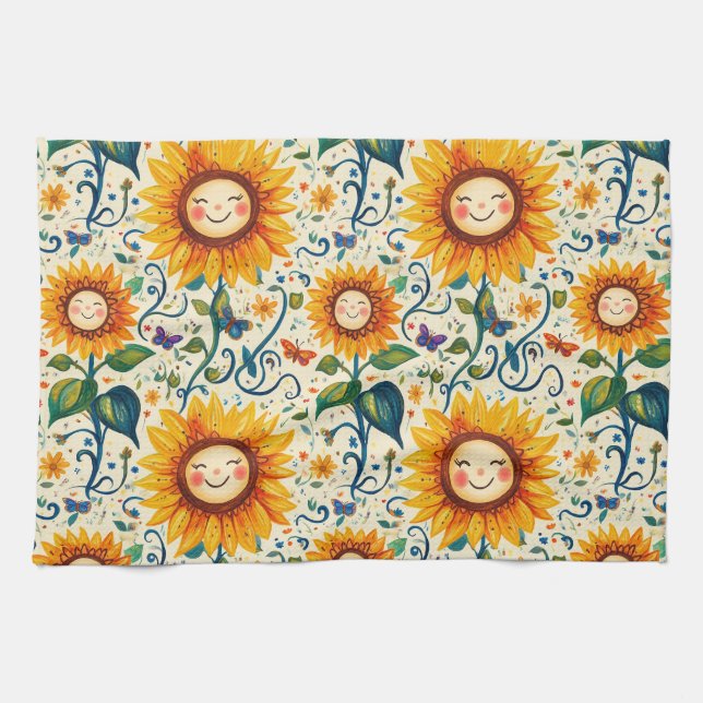 Paño De Cocina Felices girasoles: Cheery Sunflower Pattern (Horizontal)