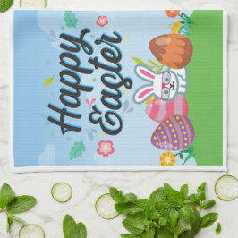 Paño De Cocina Felices Huevos de Pascua Conejo y Flores