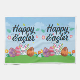 Paño De Cocina Felices Huevos de Pascua Conejo y Flores