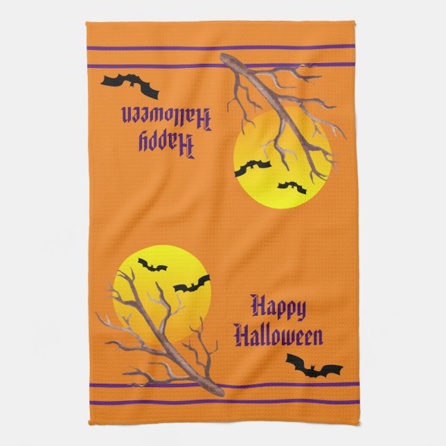 Paño De Cocina Felices Murciélagos De Halloween Y La Luna (Vertical)