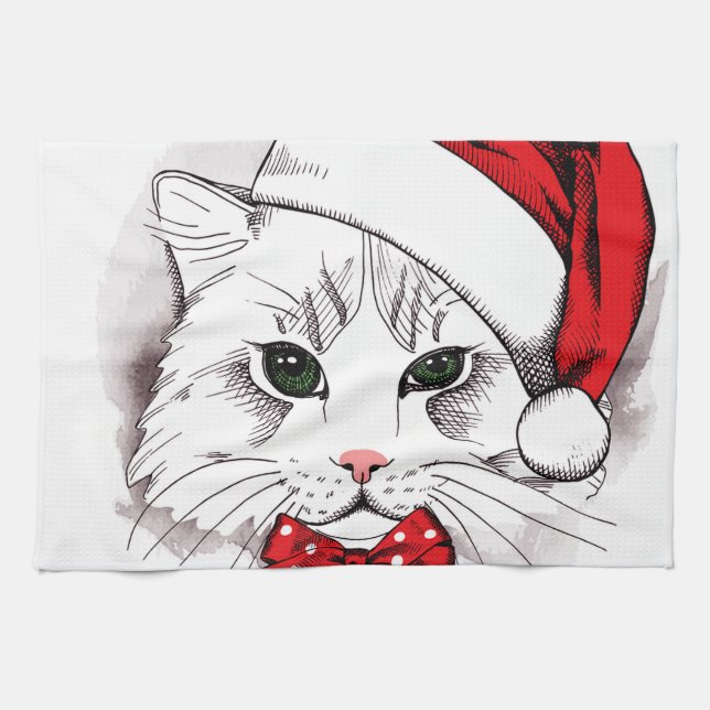 Paño De Cocina Felices Navidad del gato blanco lindo (Horizontal)