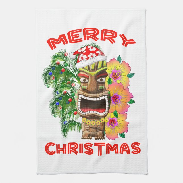 Paño De Cocina Felices Navidad Santa divertido Tiki (Vertical)