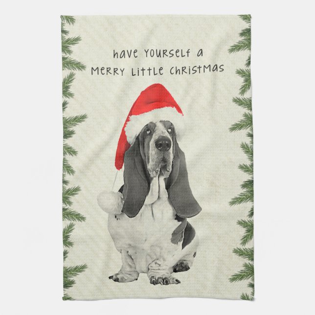 Paño De Cocina Felices pequeños Navidad de Basset Hound (Vertical)