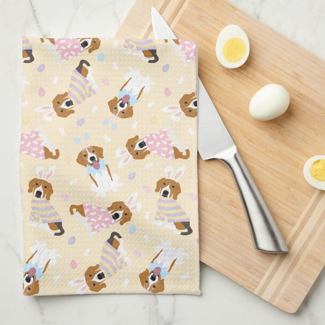 Paño De Cocina Felices Perros Beagle de Pascua (Doblado Cuarto)