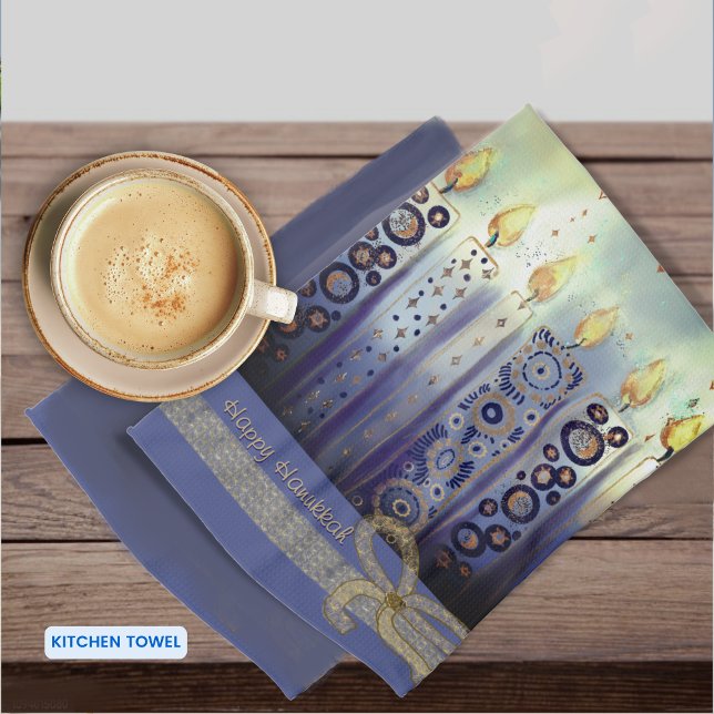 Paño De Cocina Felices Velas Azules de Hanukkah (Happy Hanukkah Blue Candles Kitchen Towel)