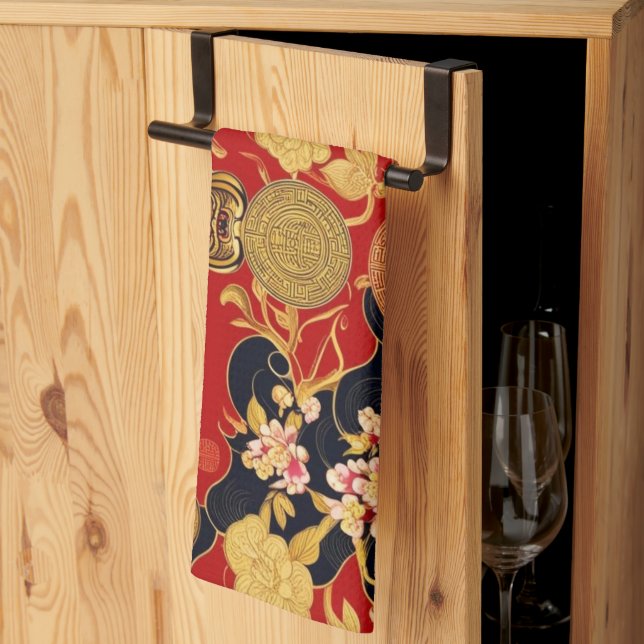 Paño De Cocina Feliz Año Nuevo Chino Patrón asiático moderno (Pliegue de tercios)