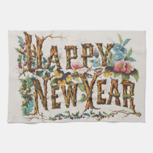 Paño De Cocina Feliz Año Nuevo en troncos de árboles, bellotas y 
