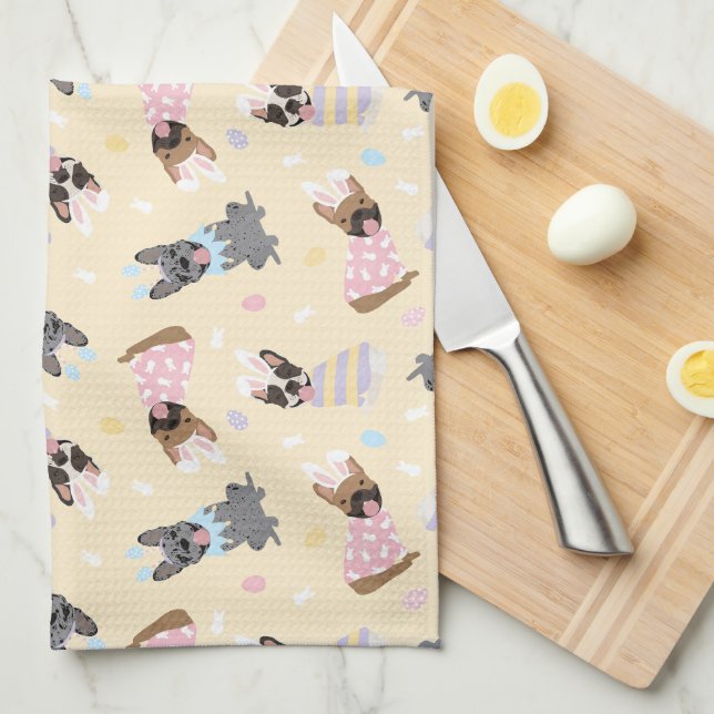 Paño De Cocina Feliz Bulldog francés de Pascua (Doblado Cuarto)