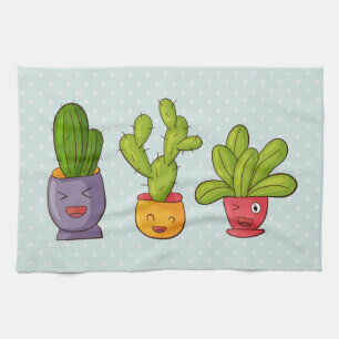 Paño De Cocina Feliz Cactus Lindo en Macetas Ilustración Divertid