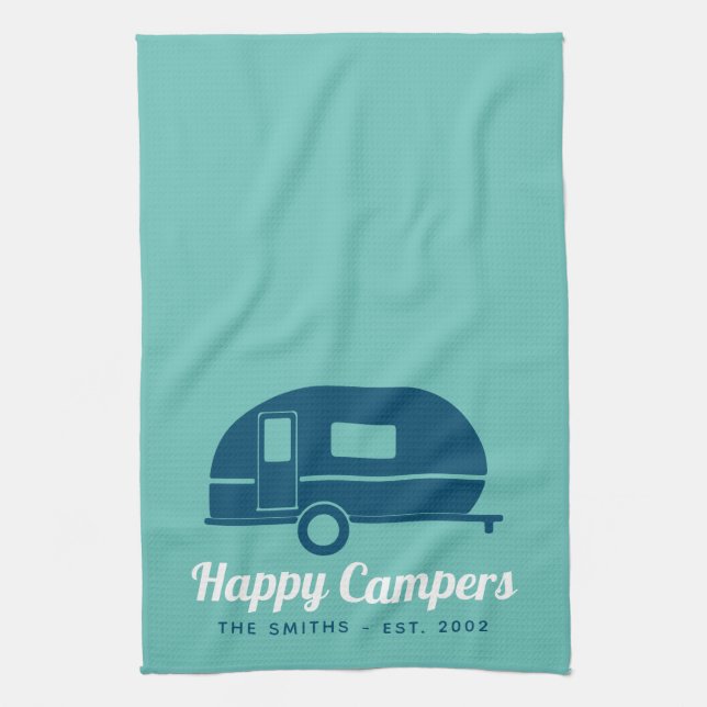 Paño De Cocina Feliz camping Verde azulado de la marina (Vertical)