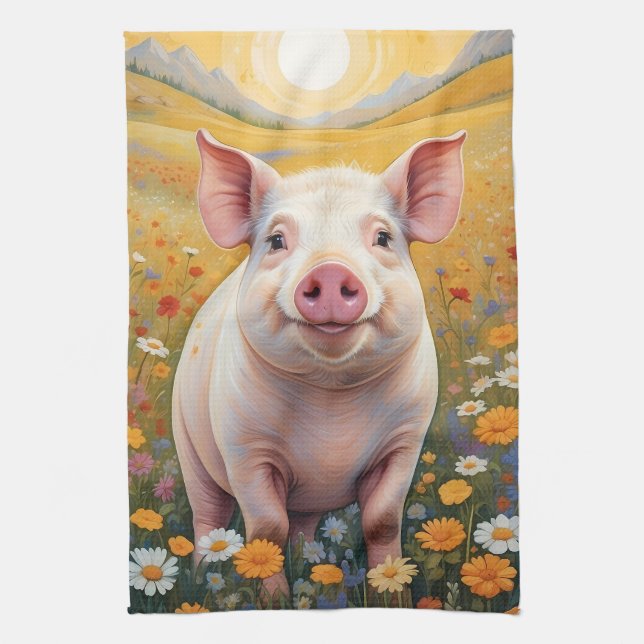 Paño De Cocina Feliz Cerdito Sunny Daisy Field (Vertical)