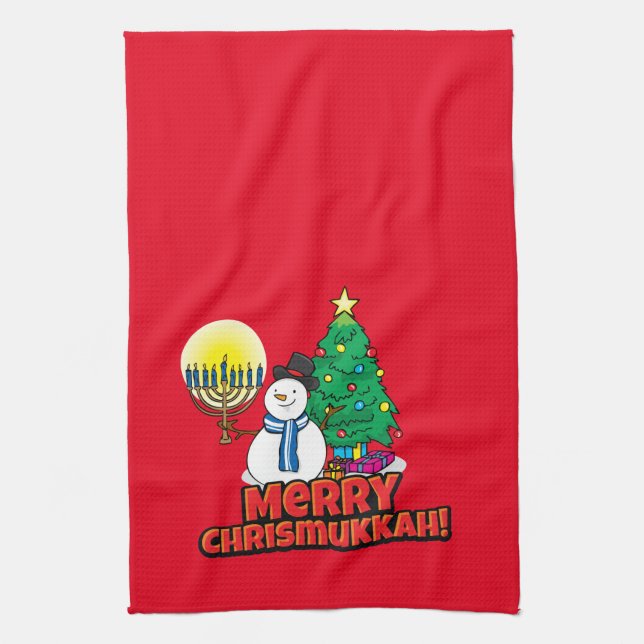Paño De Cocina Feliz Chrismukkah con Snowman y Menorah (Vertical)