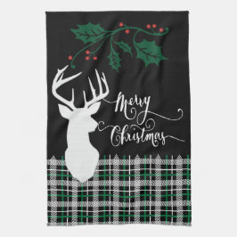 Paño De Cocina Feliz ciervo navideño - Green Plaid