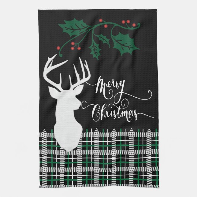 Paño De Cocina Feliz ciervo navideño - Green Plaid (Vertical)