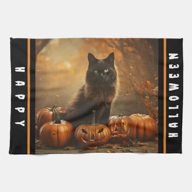 Paño De Cocina Feliz Colección de Gatos Negros de Halloween (Horizontal)