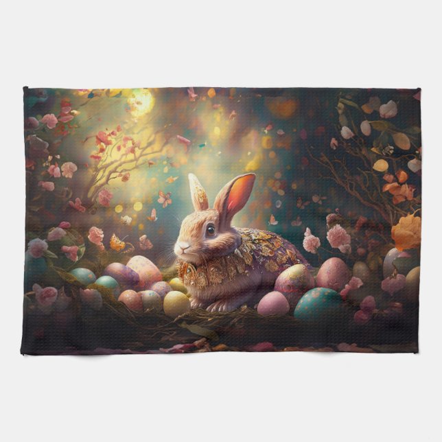 Paño De Cocina Feliz Conejo de Pascua con huevos de Pascua (Horizontal)