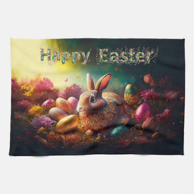 Paño De Cocina Feliz Conejo de Pascua con huevos de Pascua (Horizontal)