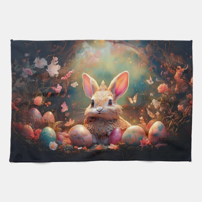 Paño De Cocina Feliz Conejo de Pascua con huevos de Pascua (Horizontal)