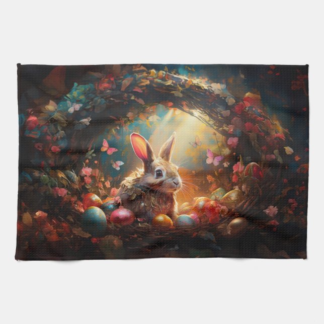 Paño De Cocina Feliz Conejo de Pascua con huevos de Pascua (Horizontal)