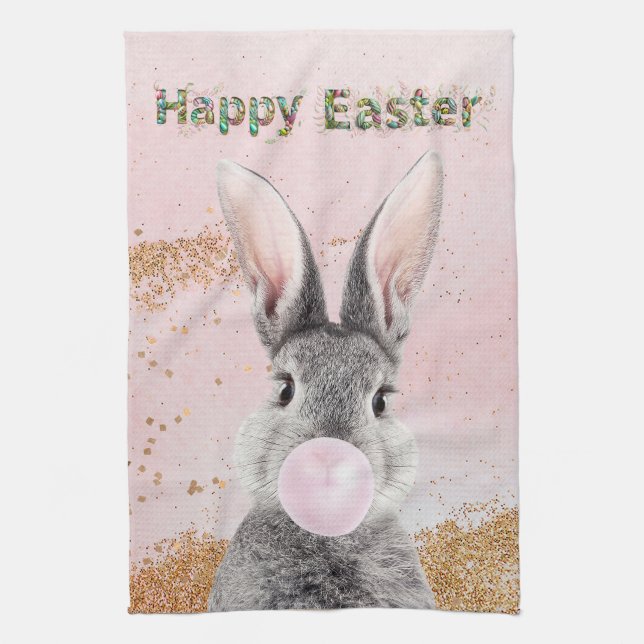 Paño De Cocina Feliz Conejo de Pascua soplando chicle rosado (Vertical)