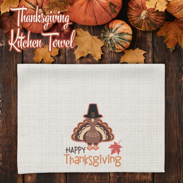 Paño De Cocina Feliz Día de Acción de Gracias Peregrina Turquía (Happy Thanksgiving Cute Pilgrim Turkey Kitchen Towel)