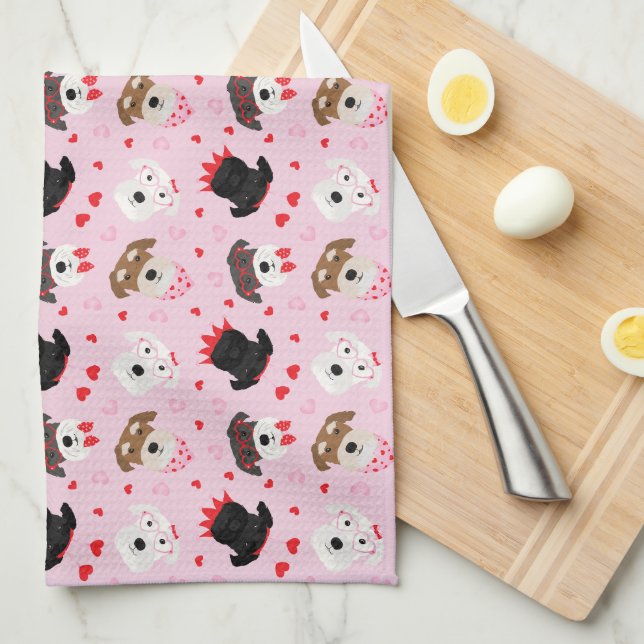 Paño De Cocina Feliz Día de San Valentín Perros Schnauzer (Doblado Cuarto)