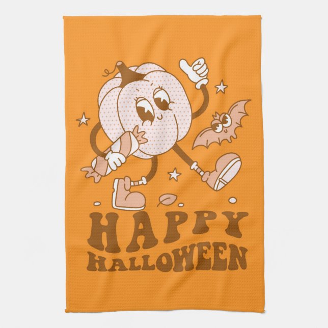 Paño De Cocina Feliz Halloween| Calabaza de punto de Polka retro (Vertical)