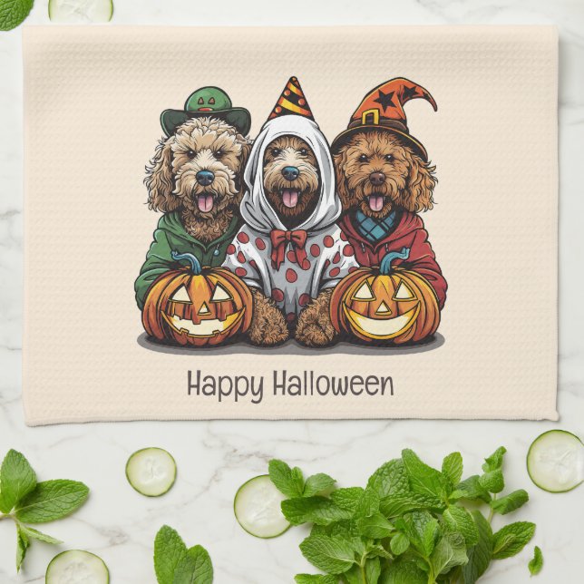 Paño De Cocina Feliz Halloween Goldendoodle Dogs (Doblado)