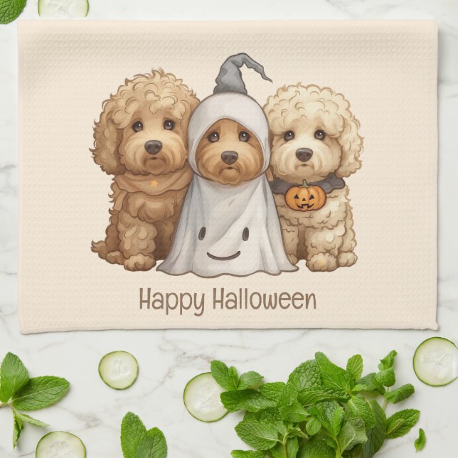 Paño De Cocina Feliz Halloween Goldendoodle Dogs (Doblado)