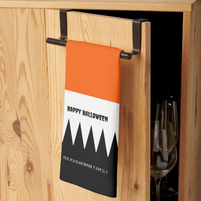 Paño De Cocina Feliz Naranja de Halloween negro personalizado (Pliegue de tercios)