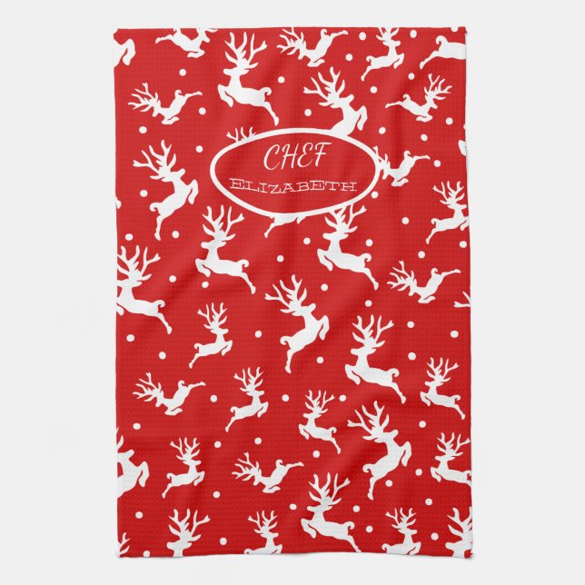 Paño De Cocina Feliz Navidad a los renos, festividad roja (Vertical)