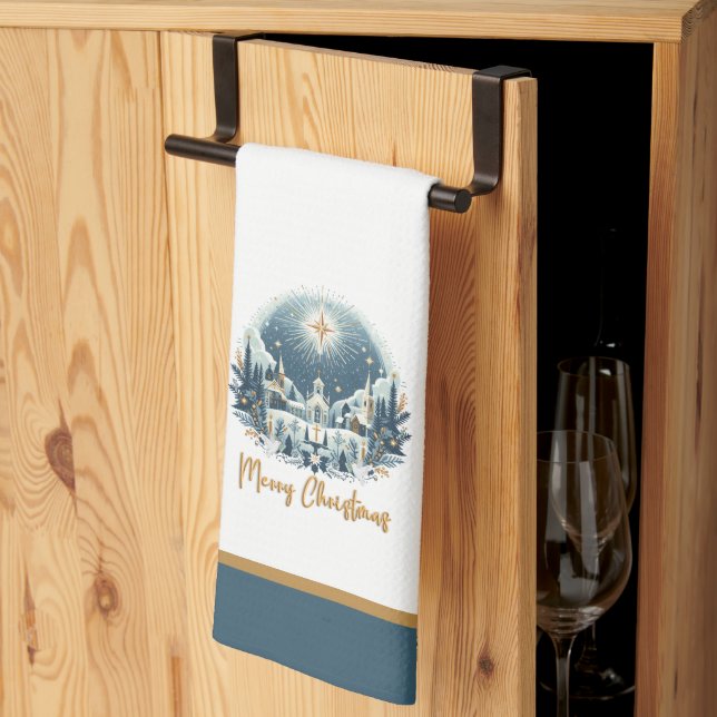 Paño De Cocina Feliz Navidad azul y oro (Pliegue de tercios)