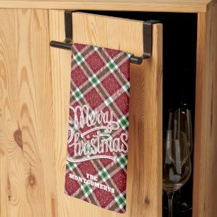 Paño De Cocina Feliz Navidad Brillante Cuadros Nombre de Familia