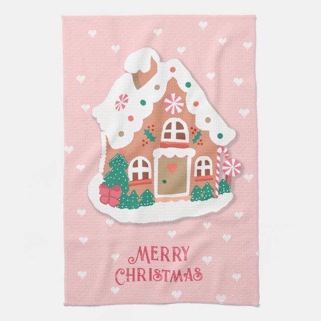 Paño De Cocina Feliz Navidad Cute Rosa Snoweather Gingerbread Hou (Vertical)