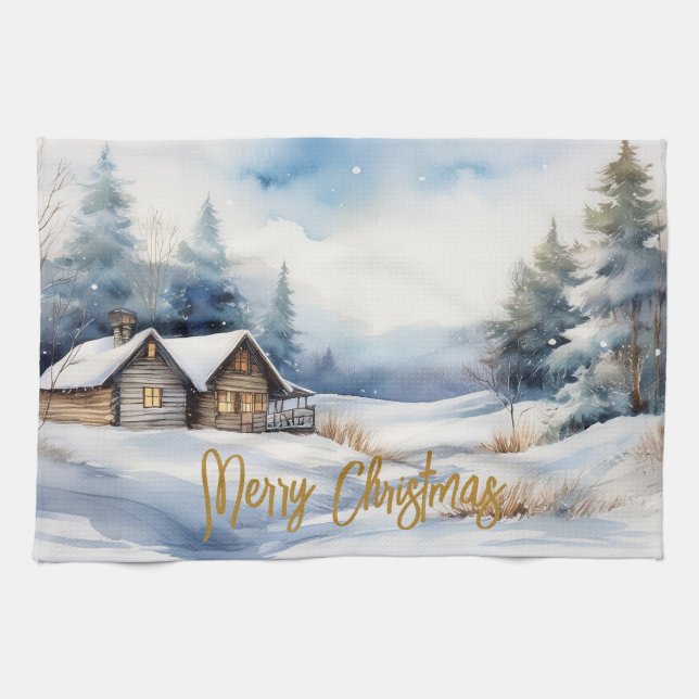Paño De Cocina Feliz Navidad en un paisaje nevado (Horizontal)
