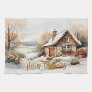 Paño De Cocina Feliz Navidad en un paisaje nevado