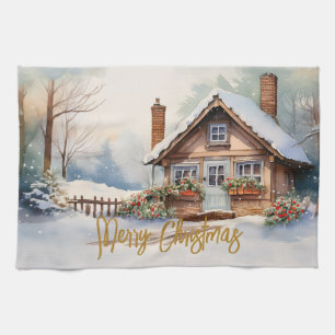 Paño De Cocina Feliz Navidad en un paisaje nevado