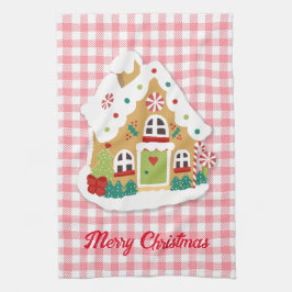 Paño De Cocina Feliz Navidad Gingerbread House Pink Gingham