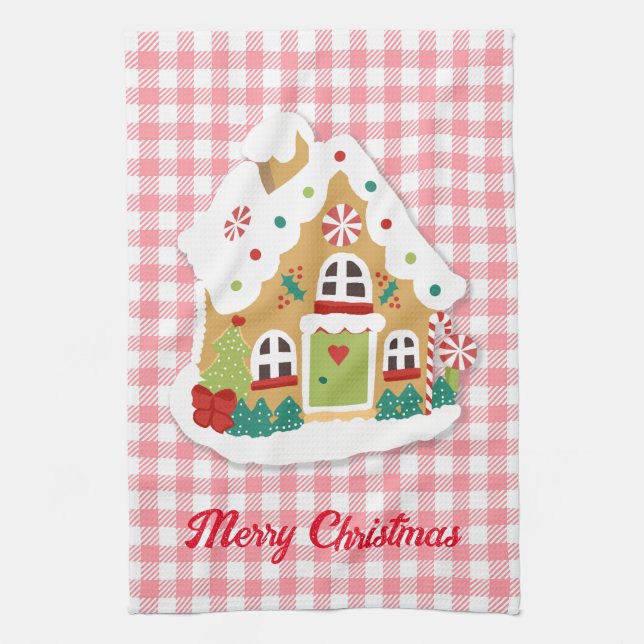 Paño De Cocina Feliz Navidad Gingerbread House Pink Gingham (Vertical)